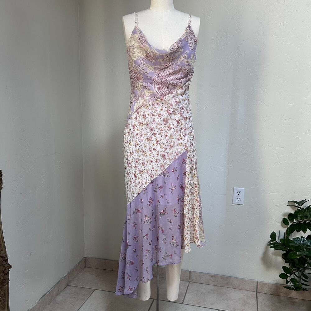 Y2K Floral Asymmetrical Patchwork Fairy Dress Cowl Neck Romantic Cottage Boho M